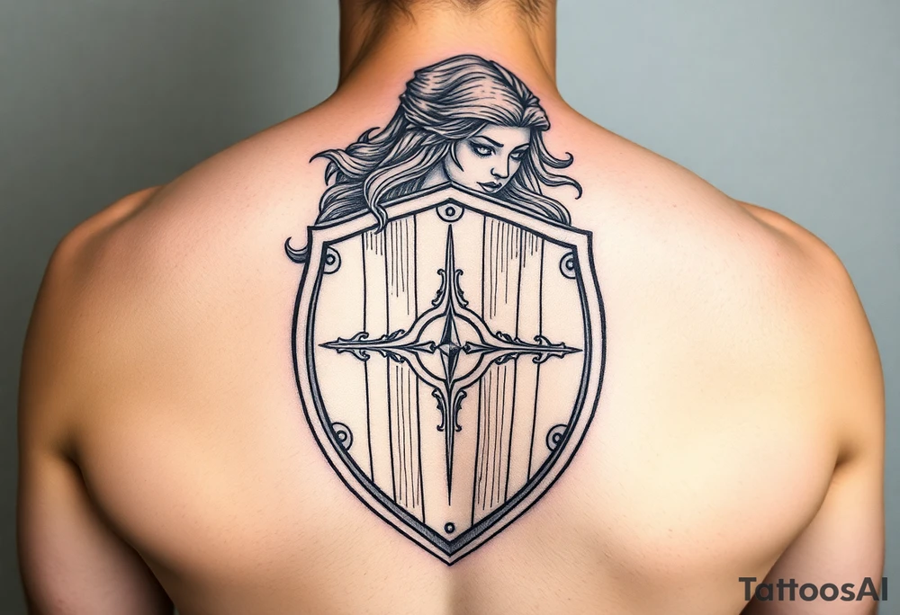Shield maiden, black work, intricate lines, realistic tattoo idea