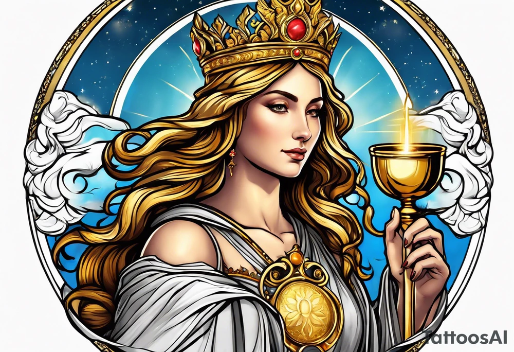 holy saint woman with golden halo holding a chalice tattoo idea