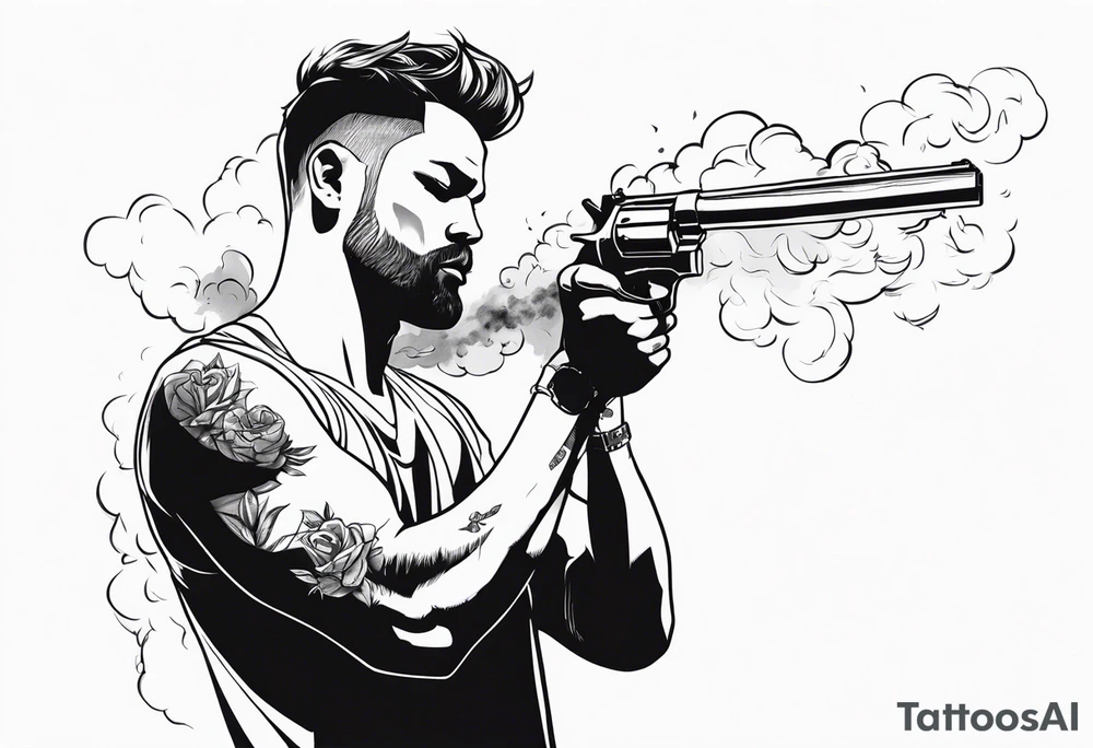 sexy man in mini boy shorts holding gun blowing smoke tattoo idea