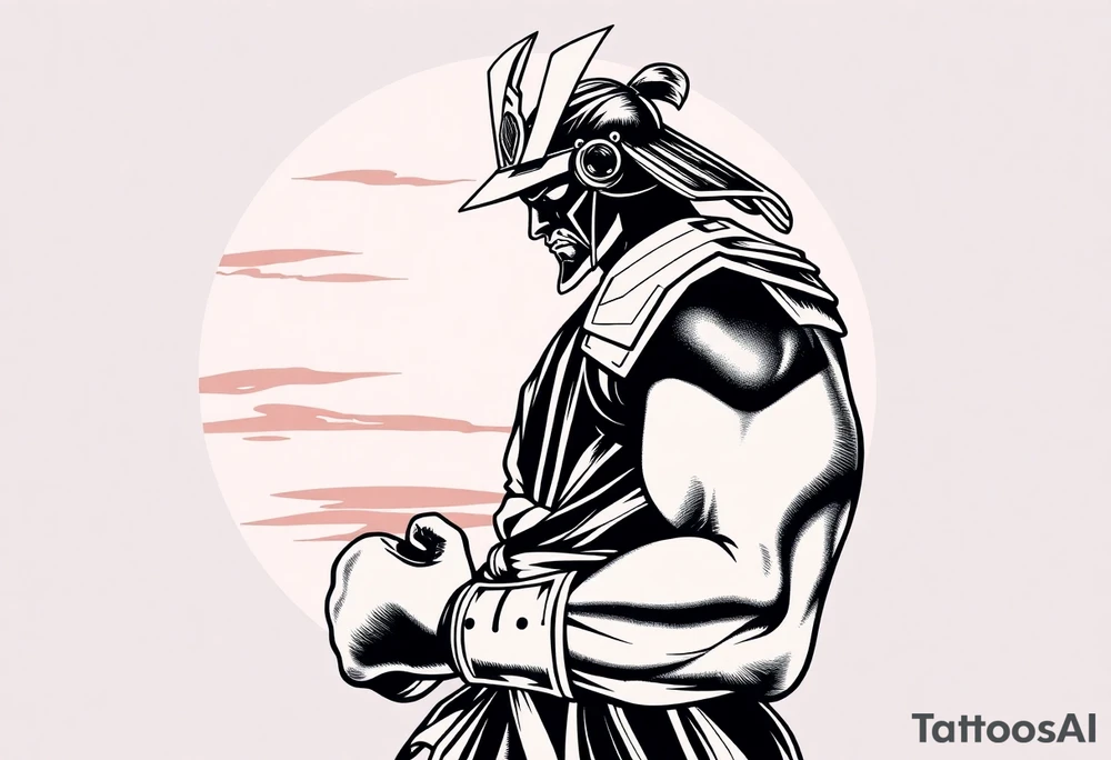 noble samurai warrior silhouette at sunset with boxing gloves tattoo idea