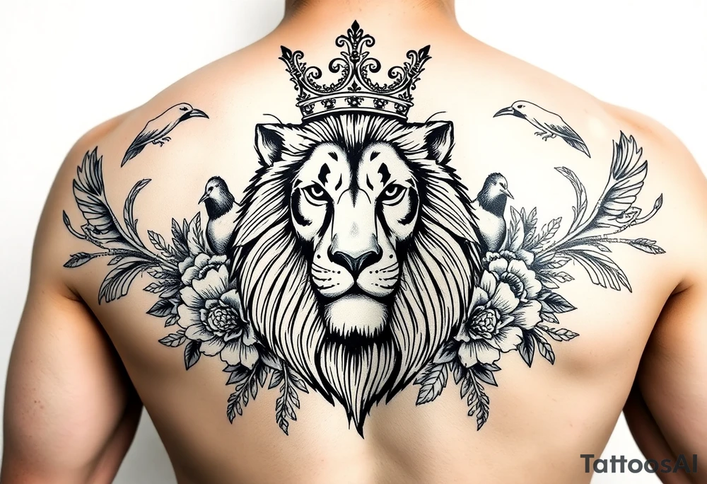 powerful majestic lion with a crown, surrounded by floral ornaments and birds tattoo idea