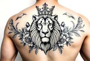 powerful majestic lion with a crown, surrounded by floral ornaments and birds tattoo idea