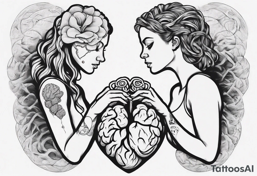 Heart and brain in line art, held down by a woman's hand holding them by string tattoo idea