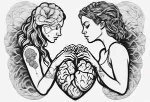 Heart and brain in line art, held down by a woman's hand holding them by string tattoo idea