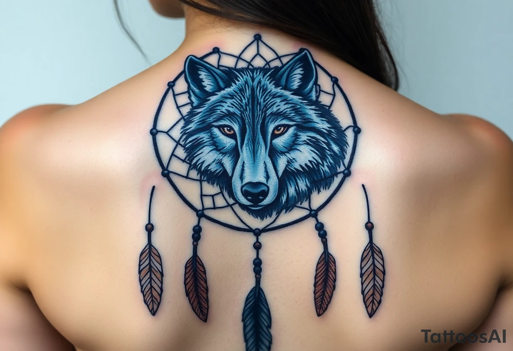 A dreamcatcher with a wolf’s face inside, with intricate feather patterns. The wolf’s fur is painted in cool tones of blue and silver, and the feathers are shaded in soft brown and gold tattoo idea