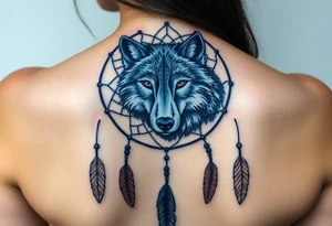 A dreamcatcher with a wolf’s face inside, with intricate feather patterns. The wolf’s fur is painted in cool tones of blue and silver, and the feathers are shaded in soft brown and gold tattoo idea