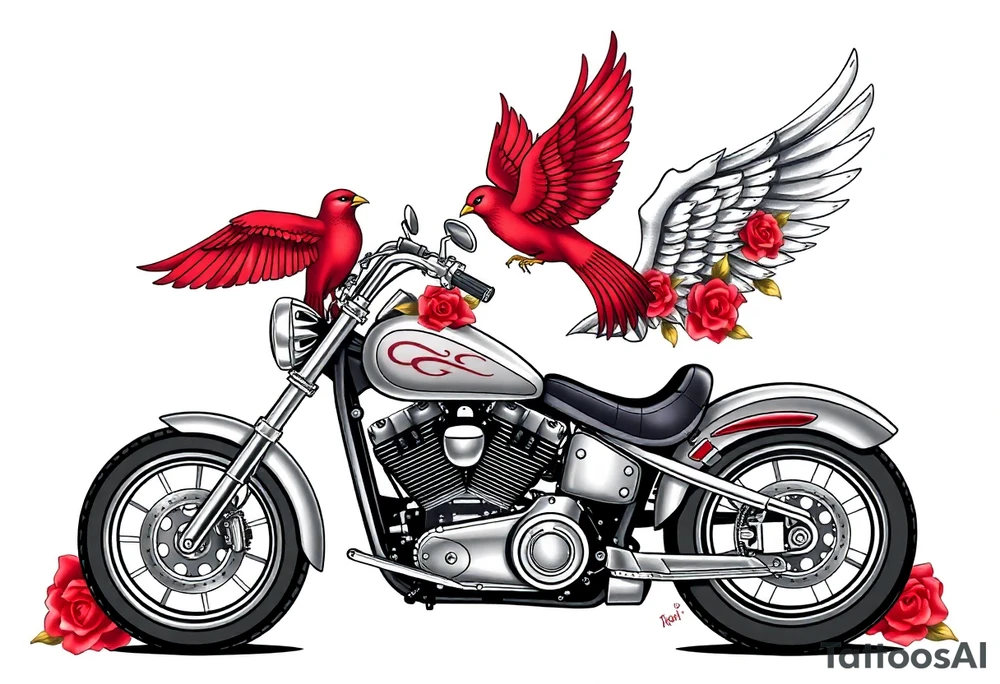 Harley grey motorcycle driving away, two red birds flying, roses, flames, angel wings tattoo idea