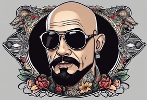 Male, slim oval face, sunken eyes, ray-bans, no hair on sides and pony-tail on top, mechanic tattoo idea