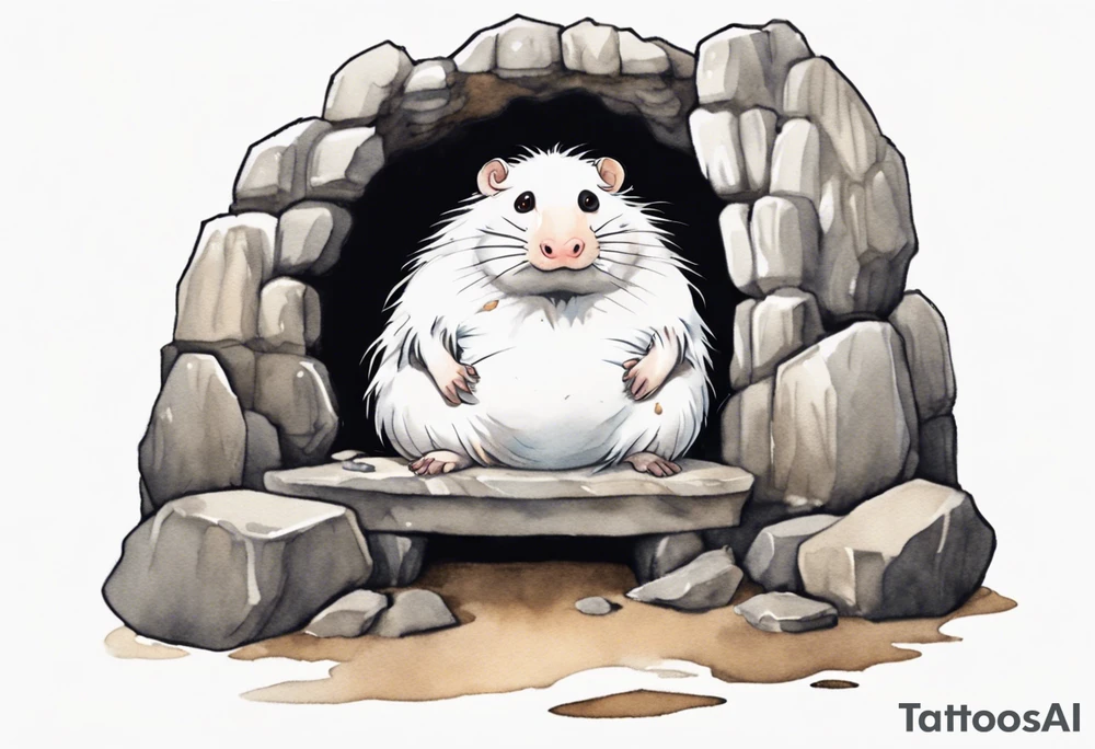 a solitary fat white mole with big breasts with brown dreadlocks and big eyes sitting in stone throne in a cave tattoo idea