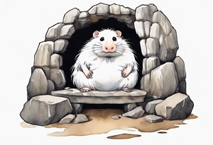 a solitary fat white mole with big breasts with brown dreadlocks and big eyes sitting in stone throne in a cave tattoo idea