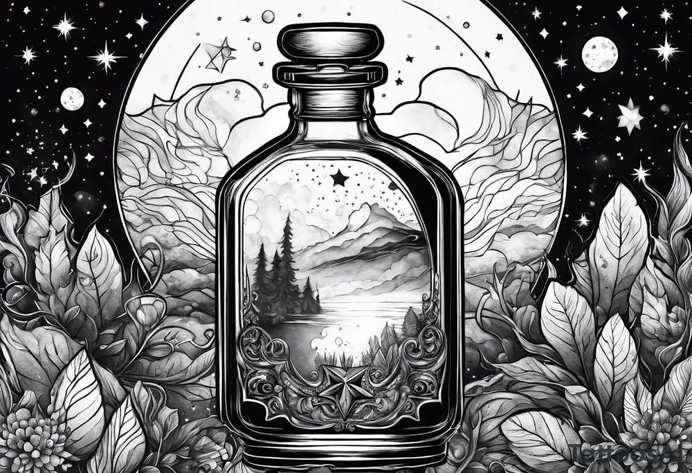 A potion bottle with crystals inside the bottle. The back of the night sky tattoo idea