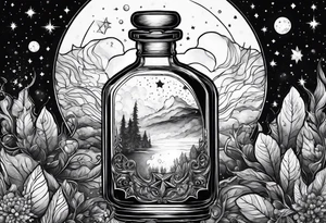 A potion bottle with crystals inside the bottle. The back of the night sky tattoo idea