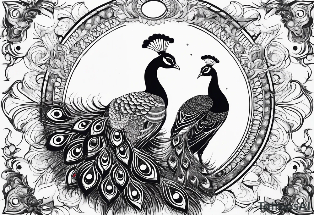 beautiful peacock with moon tattoo idea