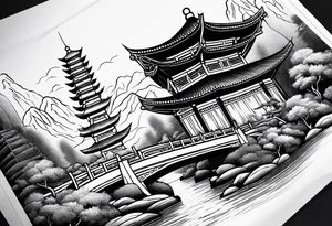 chinese temple, waterfall and bridge fine line sleeve tattoo idea