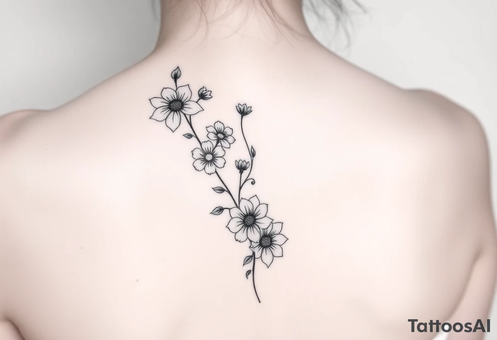 Delicate flowers vertically down the spine tattoo idea