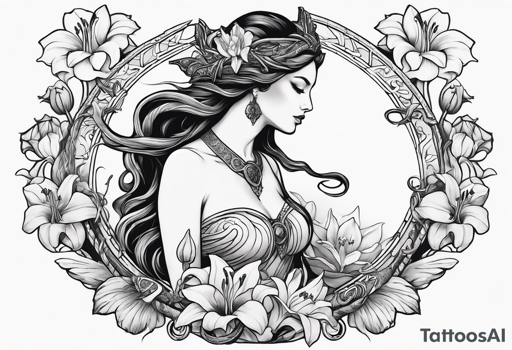 a side view of the goddess lilith holding a serpent and surrounded by lilies tattoo idea