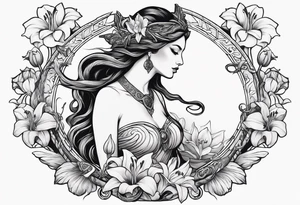 a side view of the goddess lilith holding a serpent and surrounded by lilies tattoo idea