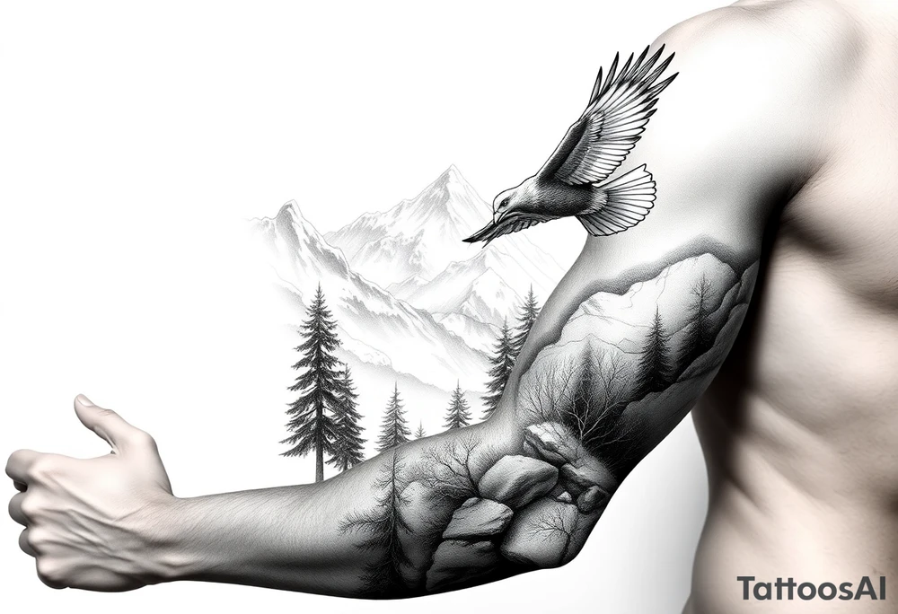 Mountain View with large trees and an eagle flying tattoo idea