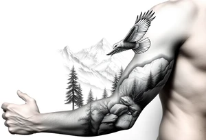 Mountain View with large trees and an eagle flying tattoo idea