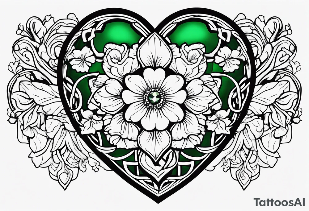 Irish Celtic wedding ring with an Emrald green gem in the middle of the heart with a bundle of carnations, leaves, and narcissus coming out of the hands. Simple tattoo idea