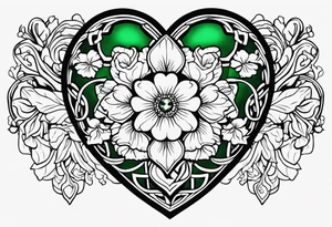 Irish Celtic wedding ring with an Emrald green gem in the middle of the heart with a bundle of carnations, leaves, and narcissus coming out of the hands. Simple tattoo idea