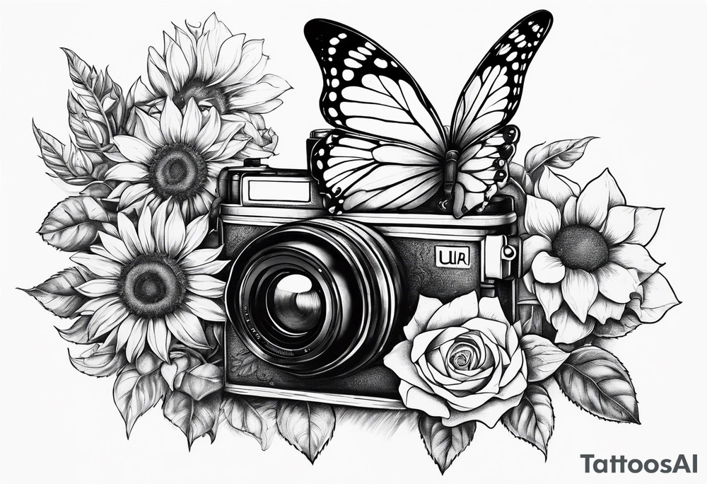 Butterfly, sunflower, camera, book, flower rose tattoo idea Butterfly, sunflower, camera, book, flower rose tattoo idea