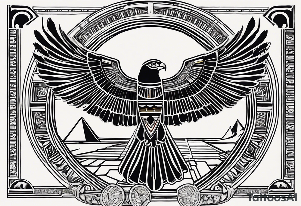 The tattoo depicts Horus, the falcon-headed god of the sky and kingship, in a dynamic and powerful stance. His falcon head is detailed with sharp, lifelike feathers and intense eyes, capturing his vigilant and authoritative nature. His human body is adorned with traditional Egyptian attire, including the crown of Upper and Lower Egypt. Horus is often shown with an outstretched wing or holding a scepter, which is intricately detailed. The realistic shading and attention to anatomical detail emphasize his strength and regal bearing. tattoo idea