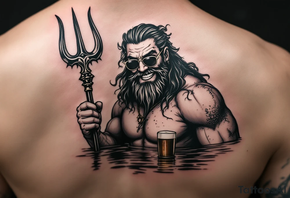 smiling, fit poseidon, with a trident, in calm water, holding a beer, with sunglasses tattoo idea