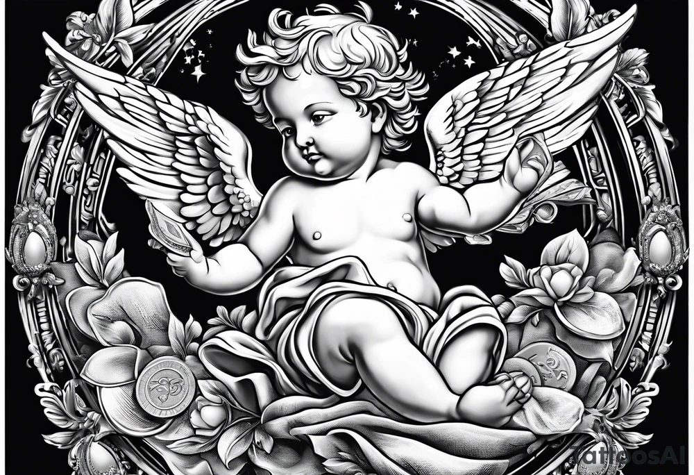 a cherub floating with a money bag. no boarders tattoo idea