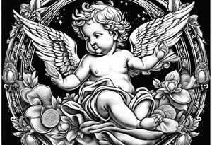a cherub floating with a money bag. no boarders tattoo idea