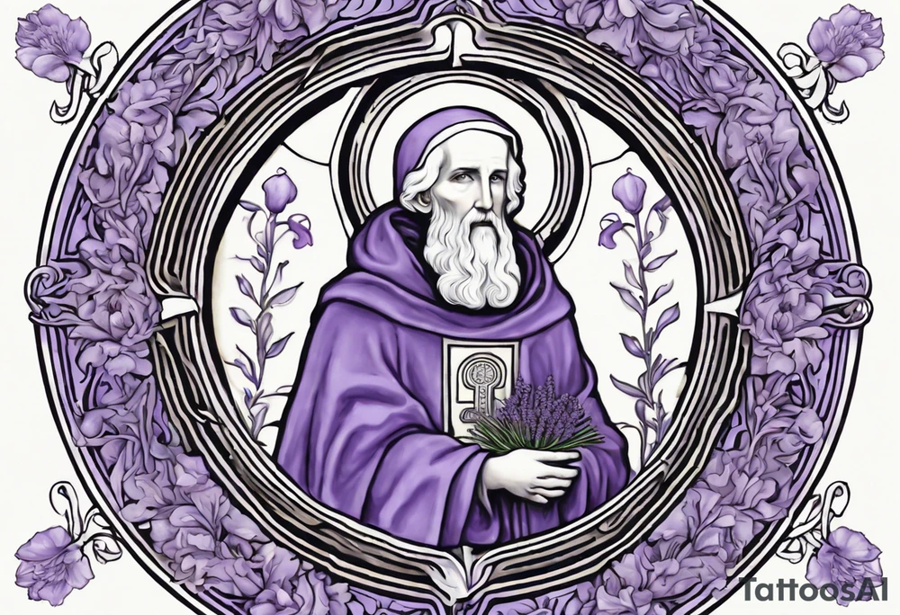 I'm looking for a custom tattoo design featuring a faithful and precise representation of the Saint Benedict medal, surrounded by delicately intertwined lavender flowers to create a harmonious and aesthetically pleasing composition. The focus should be on maintaining the authenticity of the Saint Benedict medal while incorporating the serene beauty of lavender blooms around it. The design should strike a balance that captures the symbolic essence of the medal within a visually appealing tattoo. tattoo idea