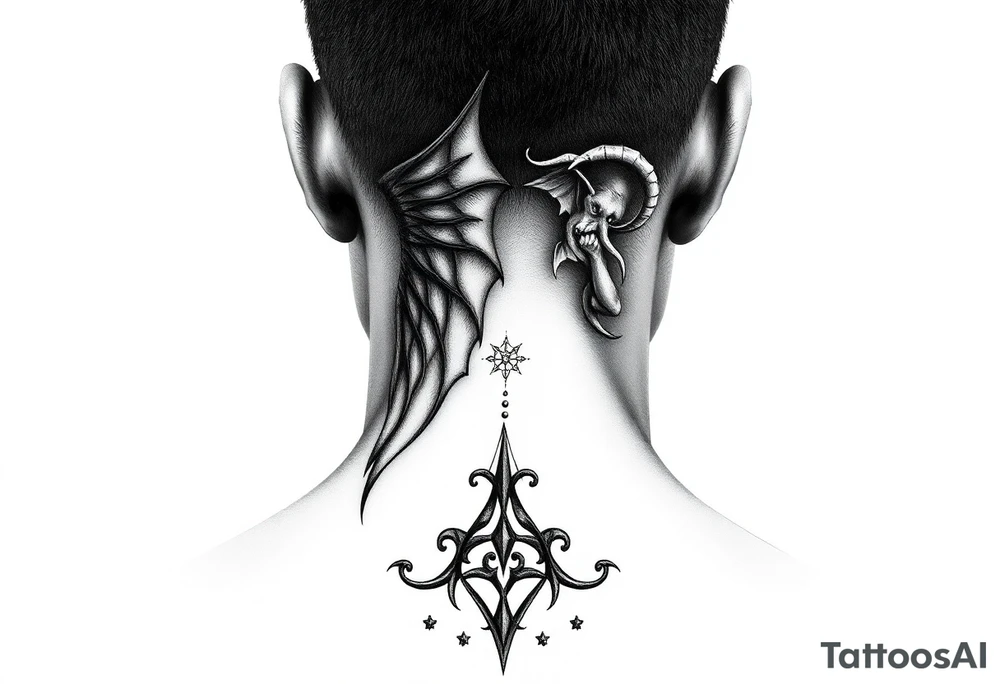position behind the neck Angel (on the right) whispering in the right ear, demon (on the left) whispering in the left ear. It must be as realistic as possible. tattoo idea