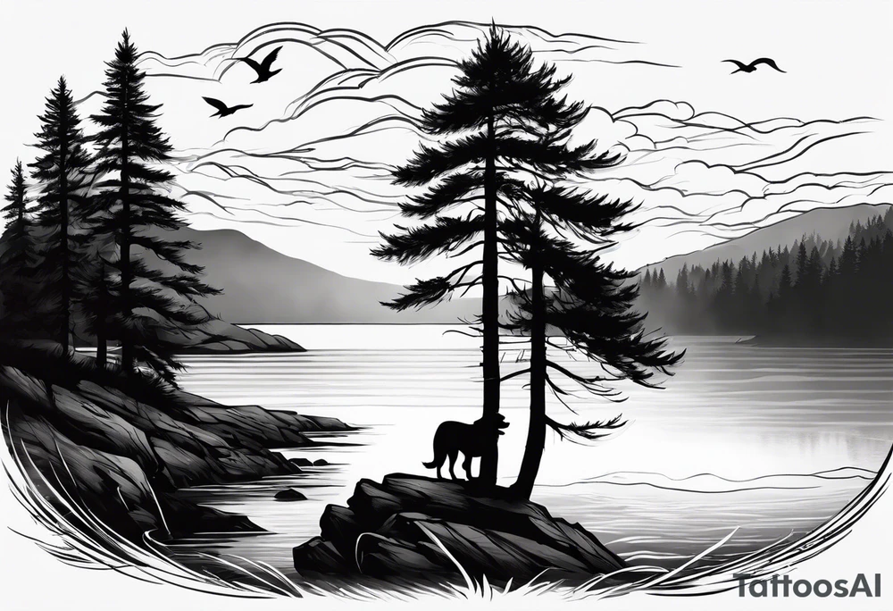 Sleeve tattoo windswept pine tree before lake with low cliff face on another side of lake. Mastiff silhouette in the foreground. with a dock coming out from the shore tattoo idea