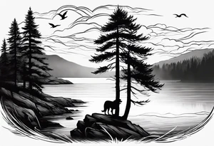 Sleeve tattoo windswept pine tree before lake with low cliff face on another side of lake. Mastiff silhouette in the foreground. with a dock coming out from the shore tattoo idea