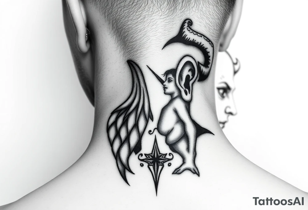 position behind the neck Angel (on the right) whispering in the right ear, demon (on the left) whispering in the left ear. It must be as realistic as possible. tattoo idea