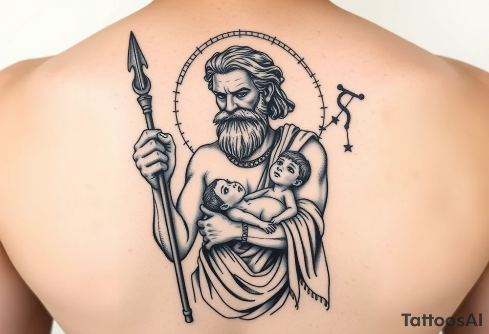 a tattoo design of the Greek God Saturn but older and nearly dying holding his spear in one hand with the Saturn Symbol as the spear head, in his other arms cradling a twin dying younger version of himself. The gemini constellation is in the background behind the Saturn Gods tattoo idea
