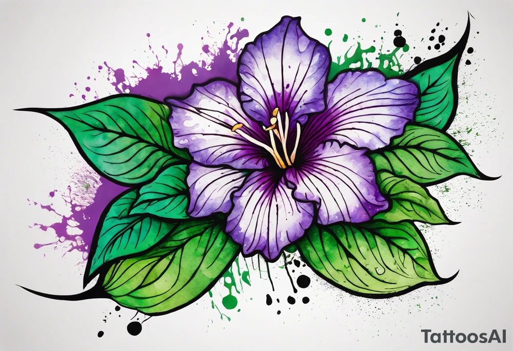 A mystical outline of a dipladenia flower and a green/purple watercolor splatter in the background to make the flower mainly green with purple highlights tattoo idea