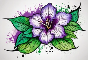 A mystical outline of a dipladenia flower and a green/purple watercolor splatter in the background to make the flower mainly green with purple highlights tattoo idea