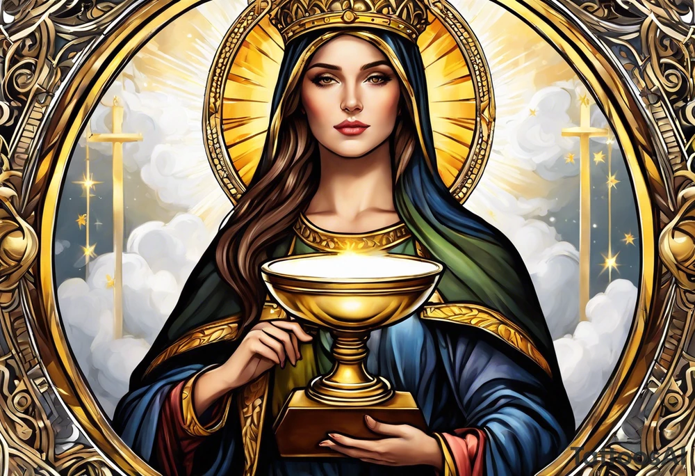 woman saint holding chalice surrounded by golden halo portrait tattoo idea