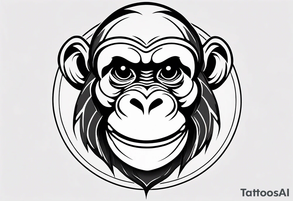 Create an abstract happy monkey icon shape on a small disconnected circle where the monkey is just a shape no face tattoo idea