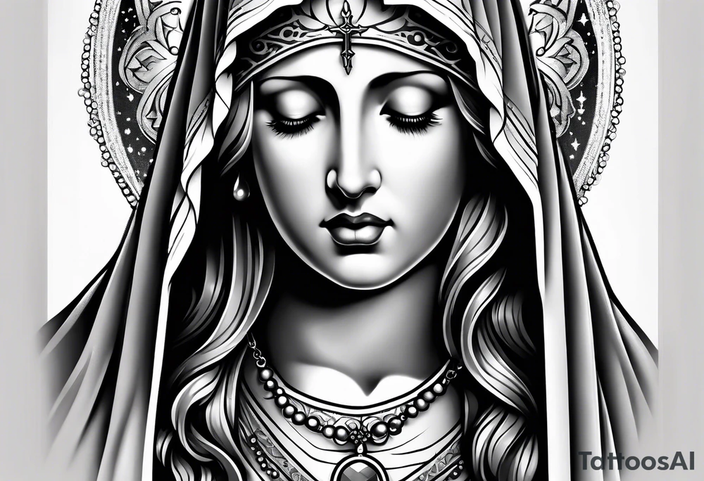 Virgin Mary  looking down with black tears and rosary young version tattoo idea