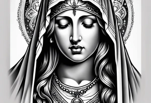 Virgin Mary  looking down with black tears and rosary young version tattoo idea