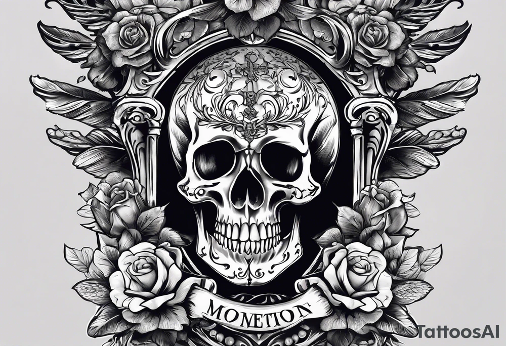 No roses or skulls. back tattoo with the word momento mori included plus two hands coming together. One skeleton the other real. would also like a sword/something similar going down my spine tattoo idea