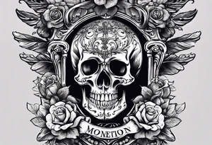 No roses or skulls. back tattoo with the word momento mori included plus two hands coming together. One skeleton the other real. would also like a sword/something similar going down my spine tattoo idea