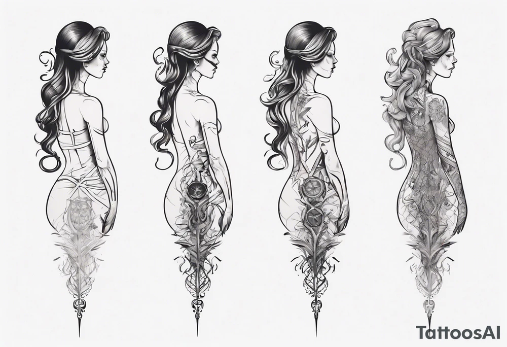 A spine tattoo that incorporates a woman’s figure into the linework tattoo idea