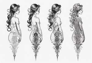 A spine tattoo that incorporates a woman’s figure into the linework tattoo idea