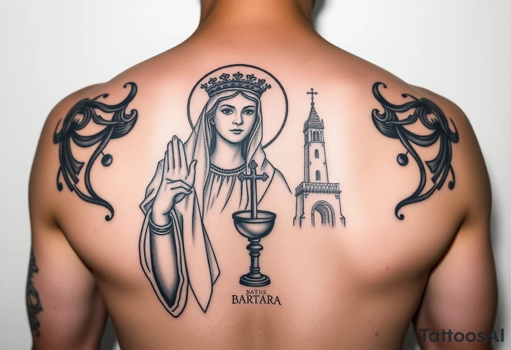 Saint Barbara tattoo holding chalice with tower in background  artillery tattoo idea