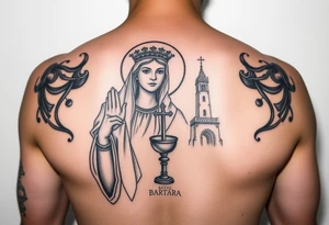 Saint Barbara tattoo holding chalice with tower in background  artillery tattoo idea