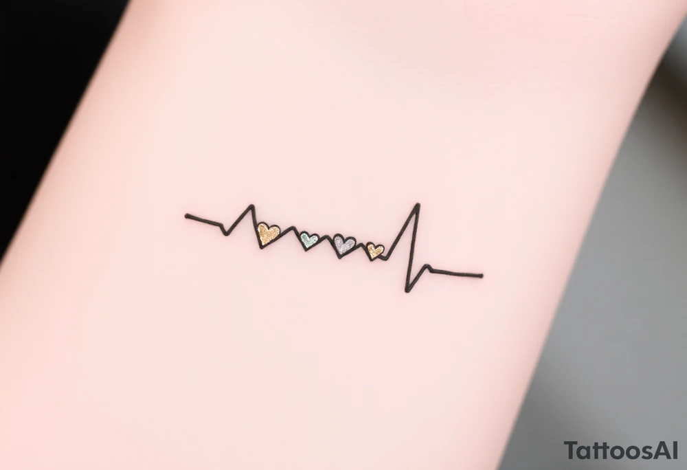 A minimalistic heartbeat line in fine black ink, with small hearts at each peak, colored in soft gold and silver. tattoo idea