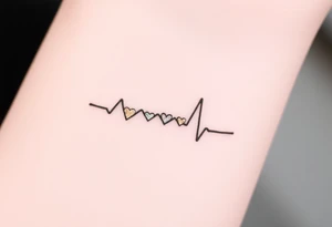A minimalistic heartbeat line in fine black ink, with small hearts at each peak, colored in soft gold and silver. tattoo idea
